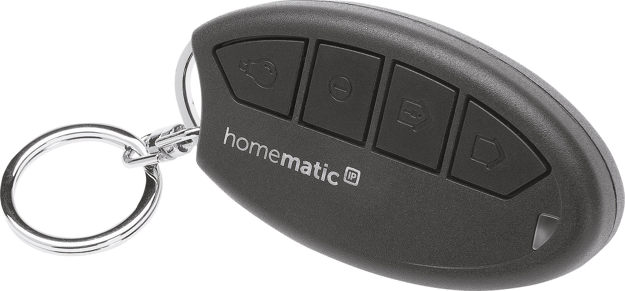 Porte-clés télécommande noir à quatre boutons avec le logo 'Homematic IP', attaché à un anneau de clés.