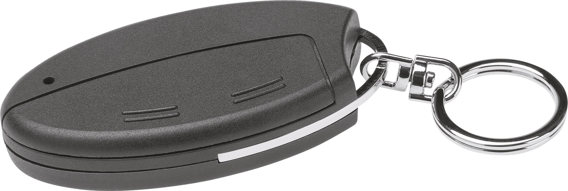 Porte-clés de voiture noir avec anneau métallique, plat et lisse, posé sur un fond blanc.