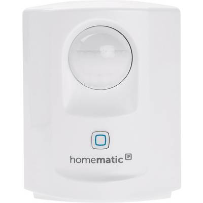 Détecteur de mouvement Homematic IP, boîtier blanc avec un bouton bleu, utilisé pour la sécurité dans les systèmes domotiques.