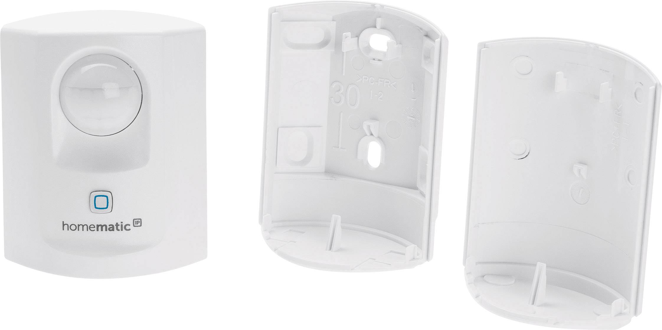 Détecteur de mouvement avec logo Homematic IP, incluant deux supports de montage, pour la détection de mouvements à l'intérieur.