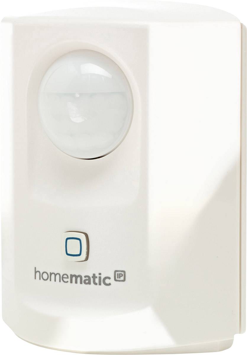 Détecteur de mouvement de la marque 'homematic IP' pour la surveillance intérieure. Boîtier blanc avec un capteur de zone de détection en haut et un bouton en dessous.