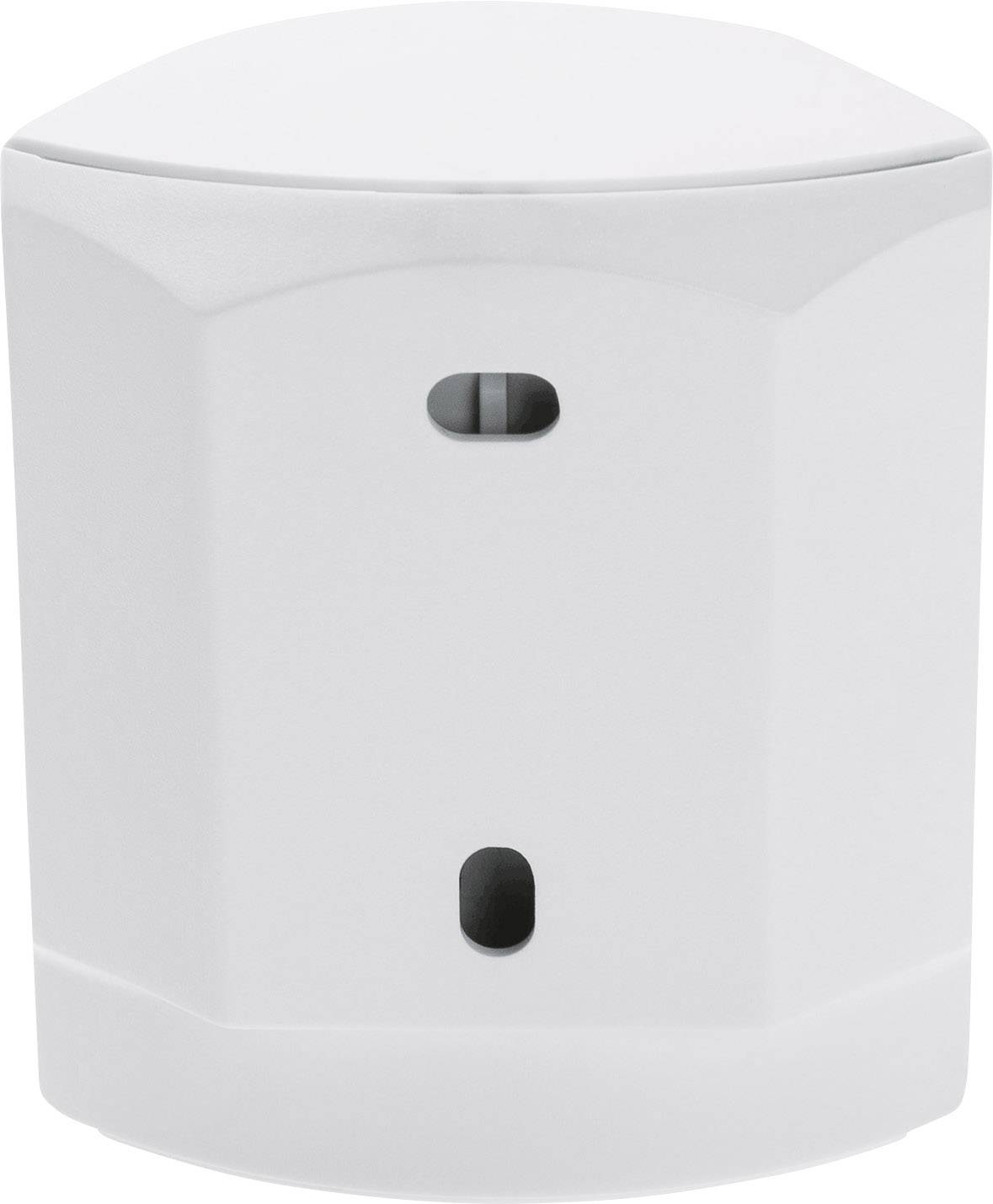 Un récipient blanc hexagonal, probablement un diffuseur de parfum, avec deux ouvertures sur la face avant, sur un fond blanc.