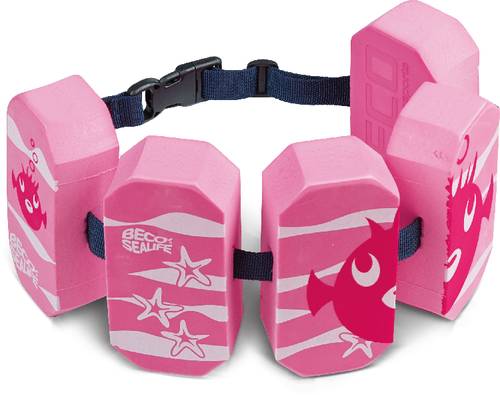Une ceinture de natation rose avec plusieurs blocs de mousse rectangulaires et des sangles noires, décorée de motifs de poissons et d'étoiles.