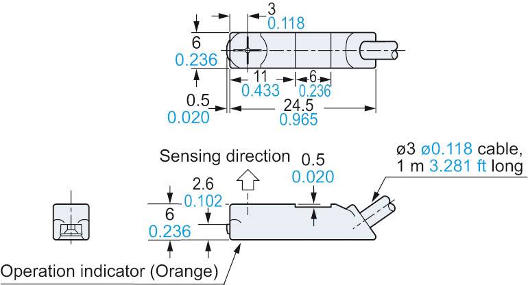 Diagramme d'un capteur avec indications de dimensions en pouces et en millimètres. Comprend le diamètre du câble et le symbole de la lampe de fonctionnement.