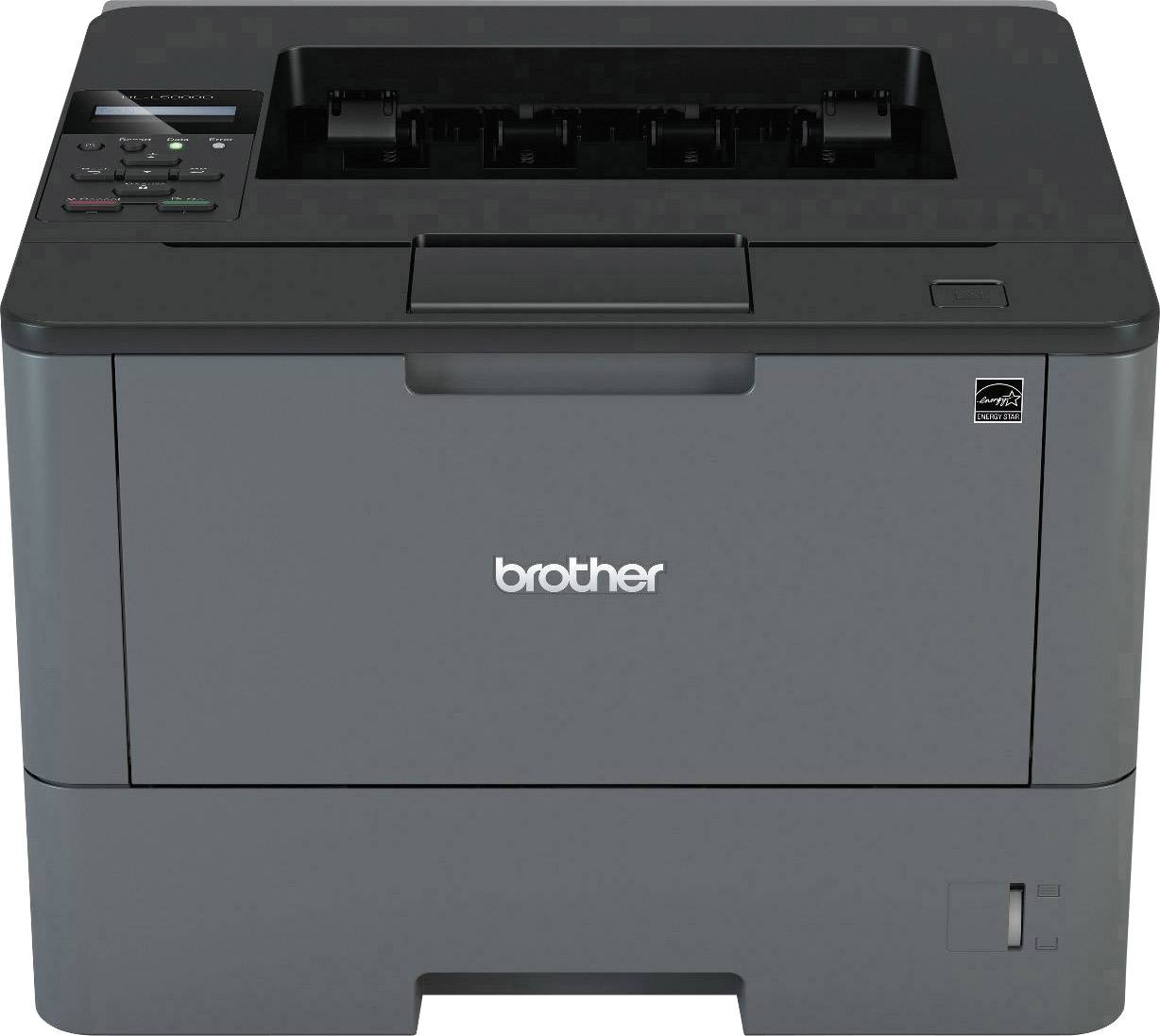 Un imprimante laser grise de Brother avec un bac de sortie papier supérieur et un panneau de commande sur le côté gauche.