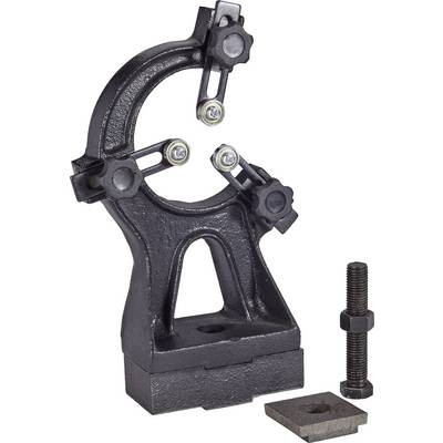 Un support en métal noir conforme à la norme RS26. Destiné à supporter des machines-outils, illustré avec des vis et une plaque de fixation.