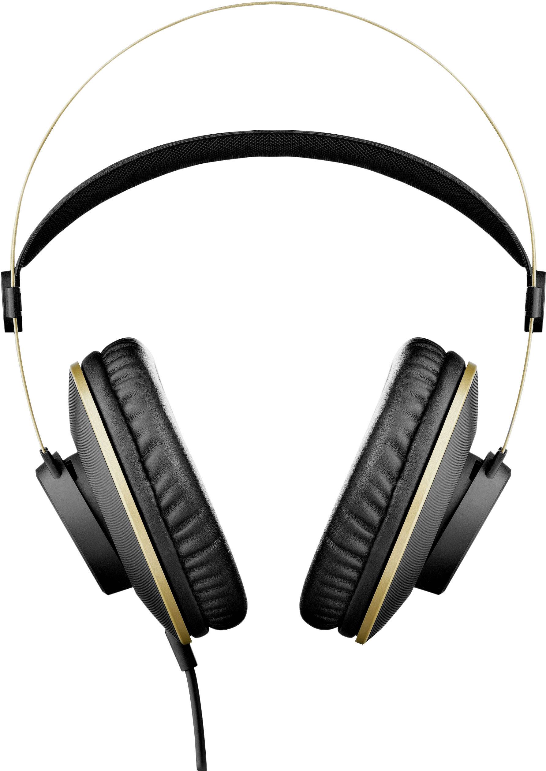 Casque audio noir à écouteurs circumauraux avec des touches dorées, vue de face. Les branches et les coussins sont rembourrés.