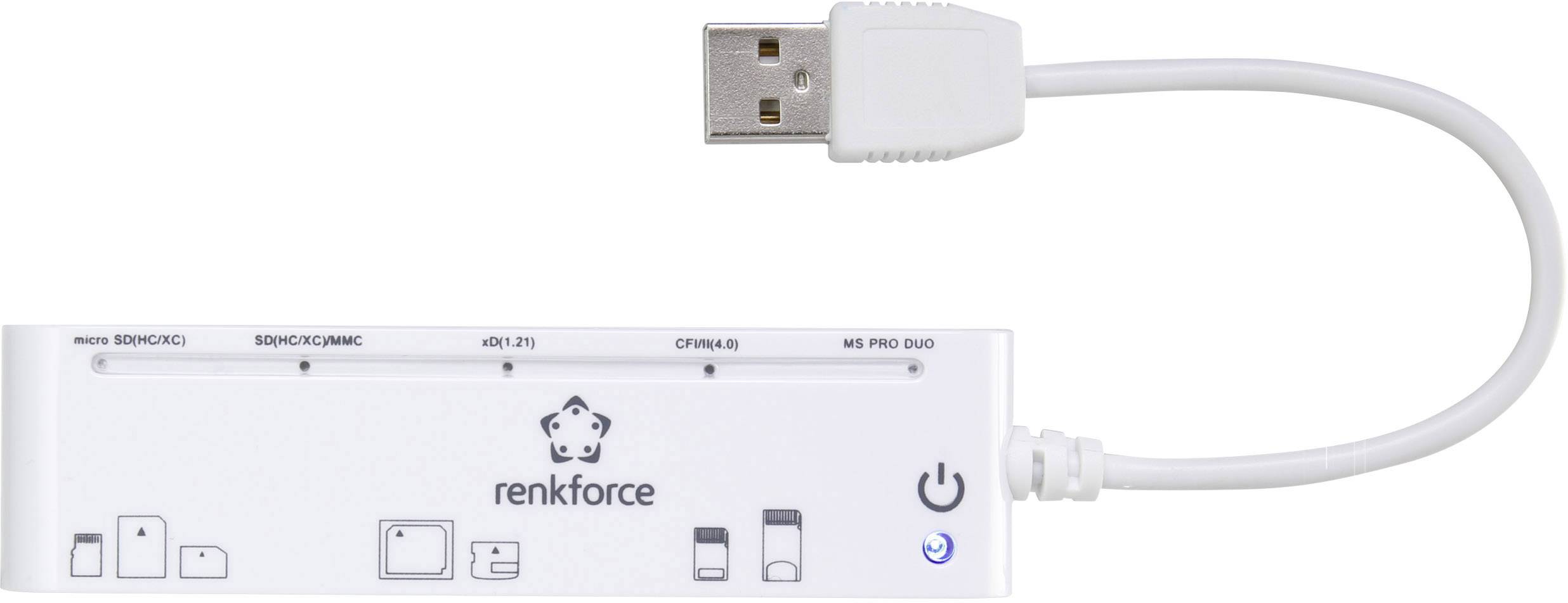 Lecteur de cartes USB Renkforce avec câble de connexion, compatible avec différents types de cartes, affichant des symboles pour les cartes prises en charge.
