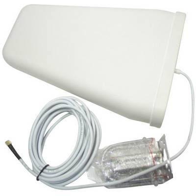 Antenne externe blanche avec câble pour amplification de signal, adaptée aux appareils mobiles et aux installations de téléphonie mobile.