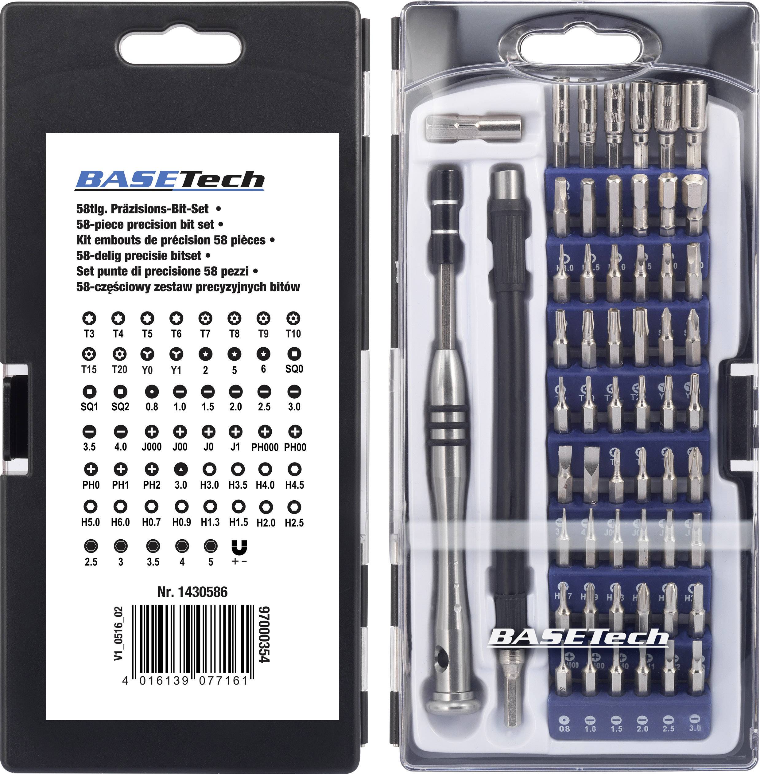 Ensemble de 58 embouts de précision avec manche de tournevis et divers embouts de différentes tailles, rangés dans un coffret noir.