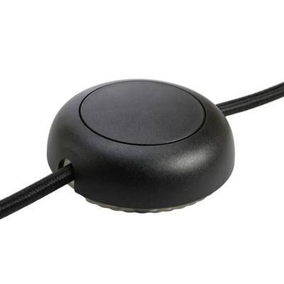 Interrupteur à pied rond noir avec câble court, adapté pour lampes ou appareils électriques.