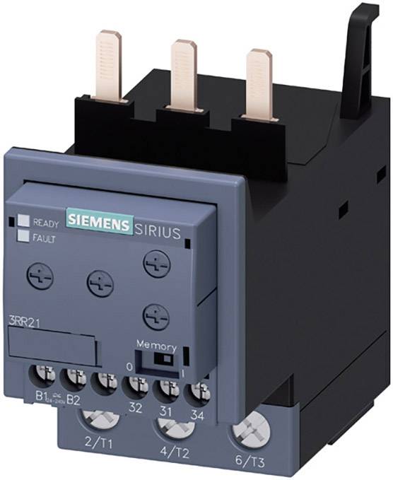 Relais électronique de surcharge de Siemens, modèle Sirius, avec bornes de connexion et indicateurs 'Prêt' et 'Défaut'.