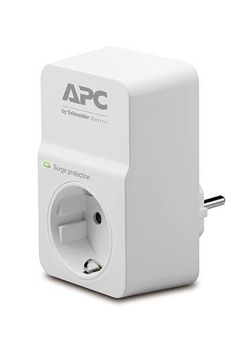 Prise APC blanche avec protection contre les surtensions et voyant de contrôle. Adaptée aux prises électriques européennes. Marquée 'APC by Schneider Electric'.