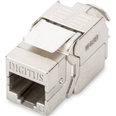 Un jack Keystone modulaire de couleur argent, portant l'inscription 'DIGITUS', utilisé pour le câblage réseau.