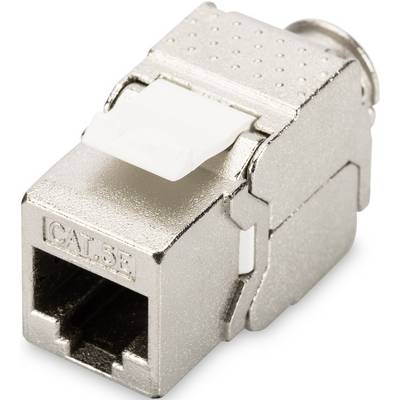 Une prise réseau Ethernet argentée de catégorie 5e avec une languette blanche en haut.