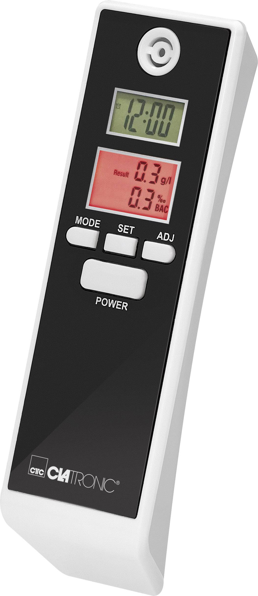 Appareil numérique de mesure d'alcoolémie affichant une valeur de 0,3 g/l sur un écran rouge, avec des touches de commande et l'heure 12:00 en haut.