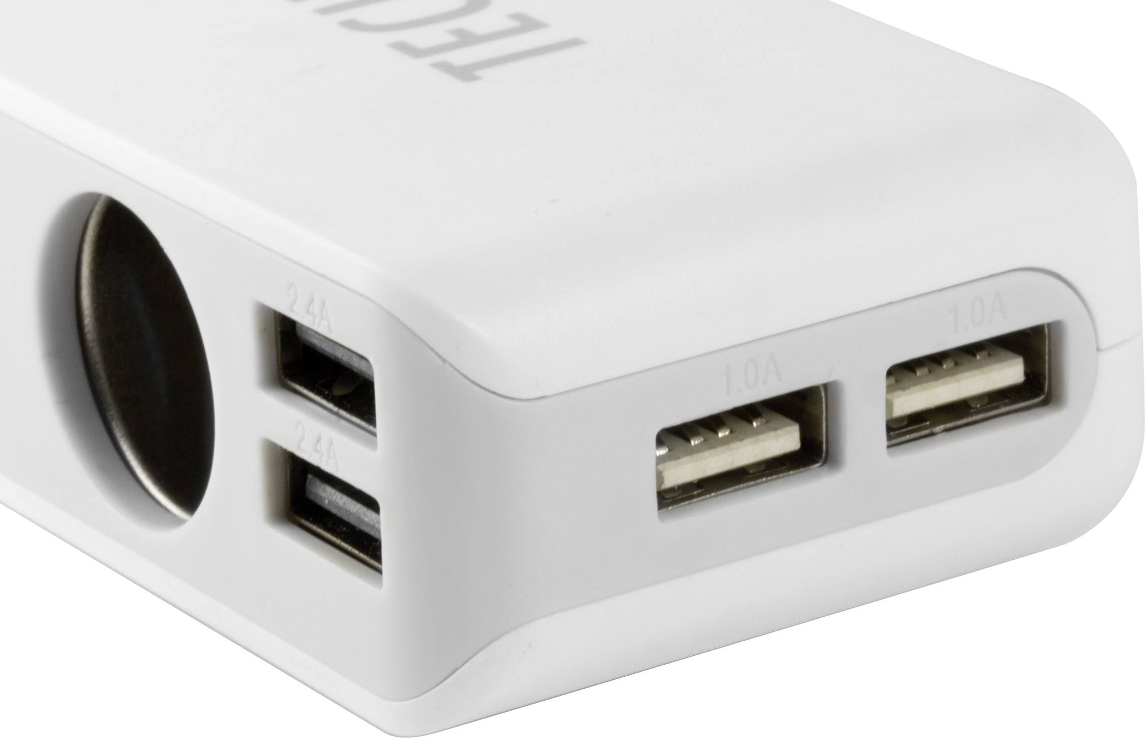 Station de charge USB blanche à quatre ports sur le côté, adaptée pour charger simultanément plusieurs appareils.