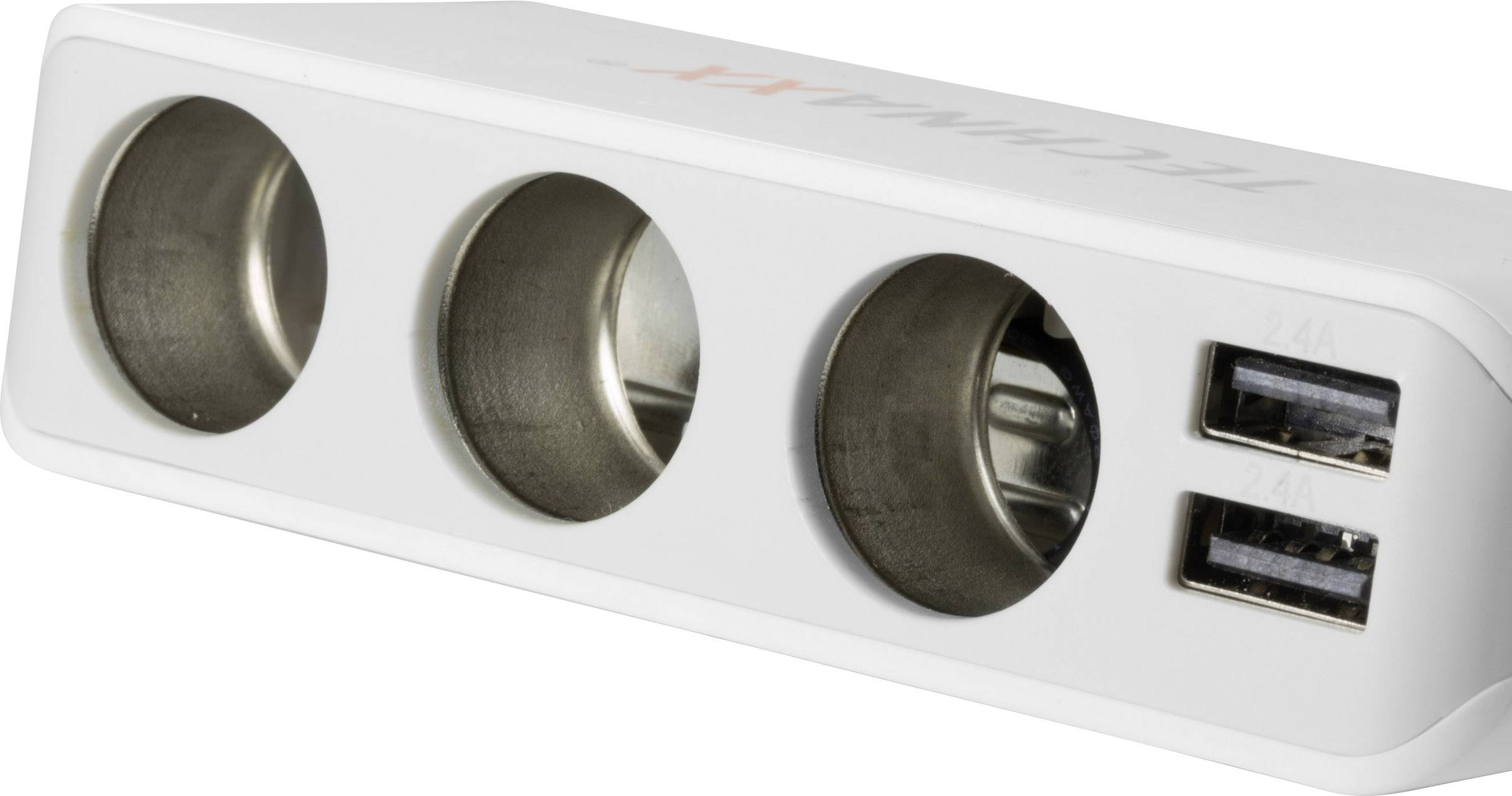 Un adaptateur blanc avec trois connexions rondes et deux ports USB, utilisé pour charger ou alimenter des appareils.