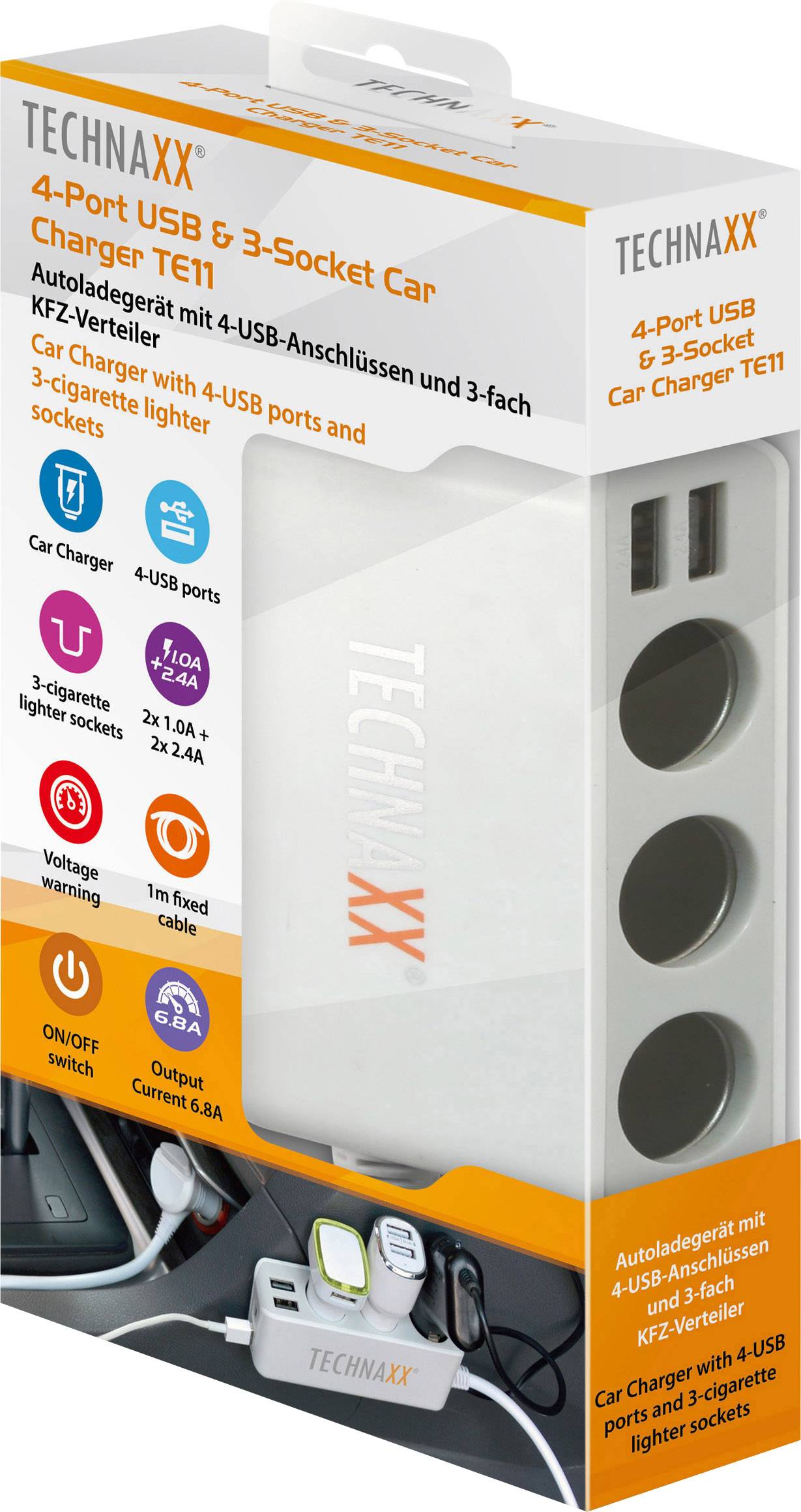 Répartiteur Technaxx pour voiture, chargeur automobile avec 4 ports USB et 3 prises allume-cigare. Affichage : tension, entrée 12/24V, sorties 3 A.
