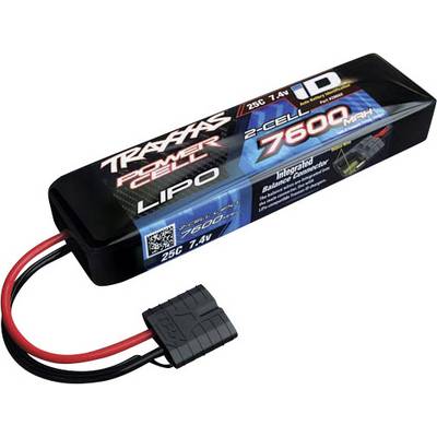 Batterie LiPo Traxxas d'une capacité de 7600mAh, 2 éléments, 7,4V ; emballage noir avec connecteurs et étiquette.
