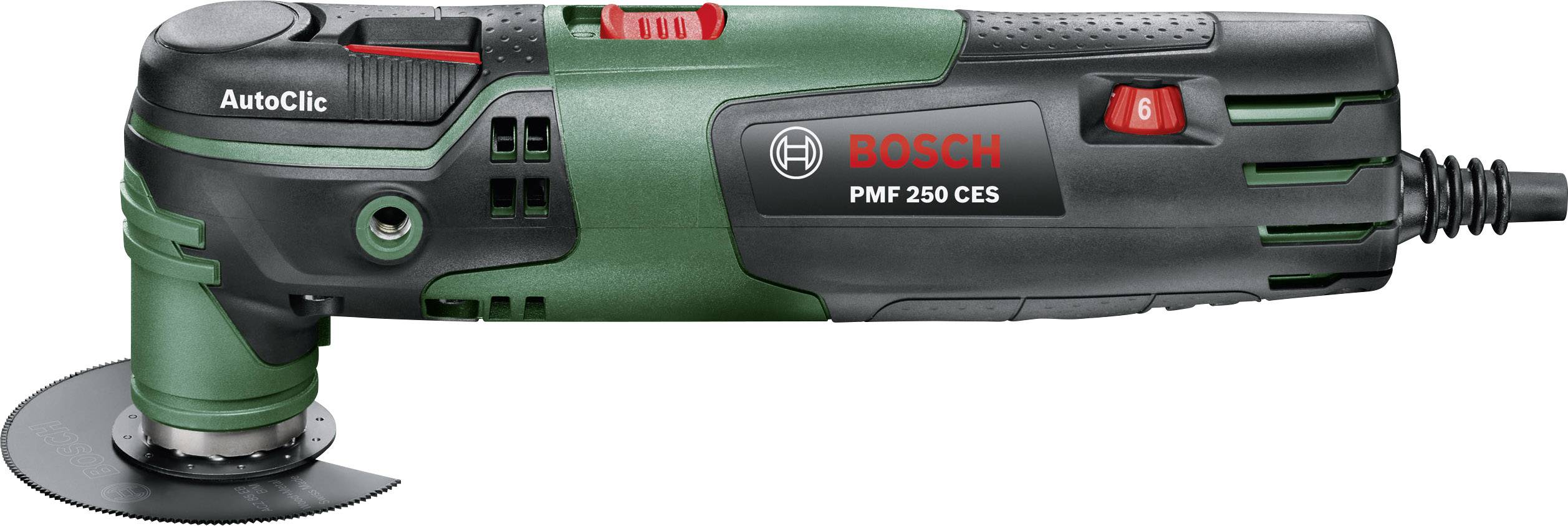 Outil multifonction de la marque Bosch, modèle PMF 250 CES, avec un boîtier vert et noir et un embout de pelle incurvé sur le côté.