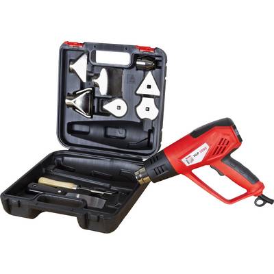 Un souffleur d'air chaud rouge et ses accessoires dans une mallette à outils noire ouverte.