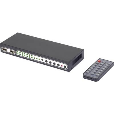 Répartiteur HDMI noir à deux ports sur le côté gauche et plusieurs LED vertes sur le dessus. Une télécommande est posée à côté.