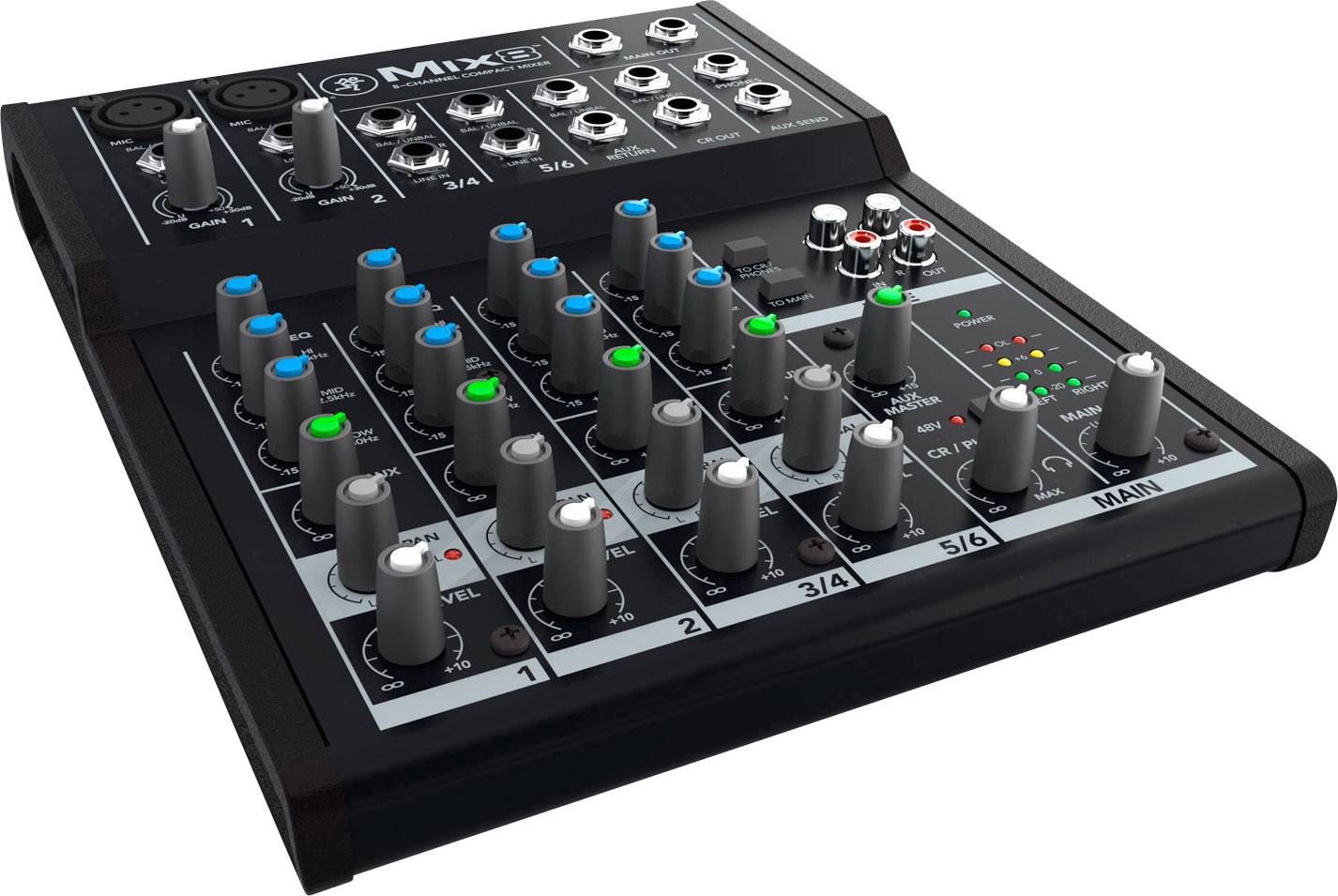 Une console de mixage audio avec plusieurs boutons rotatifs et curseurs pour contrôler les canaux sonores, comportant des boutons de différentes couleurs pour l'identification.