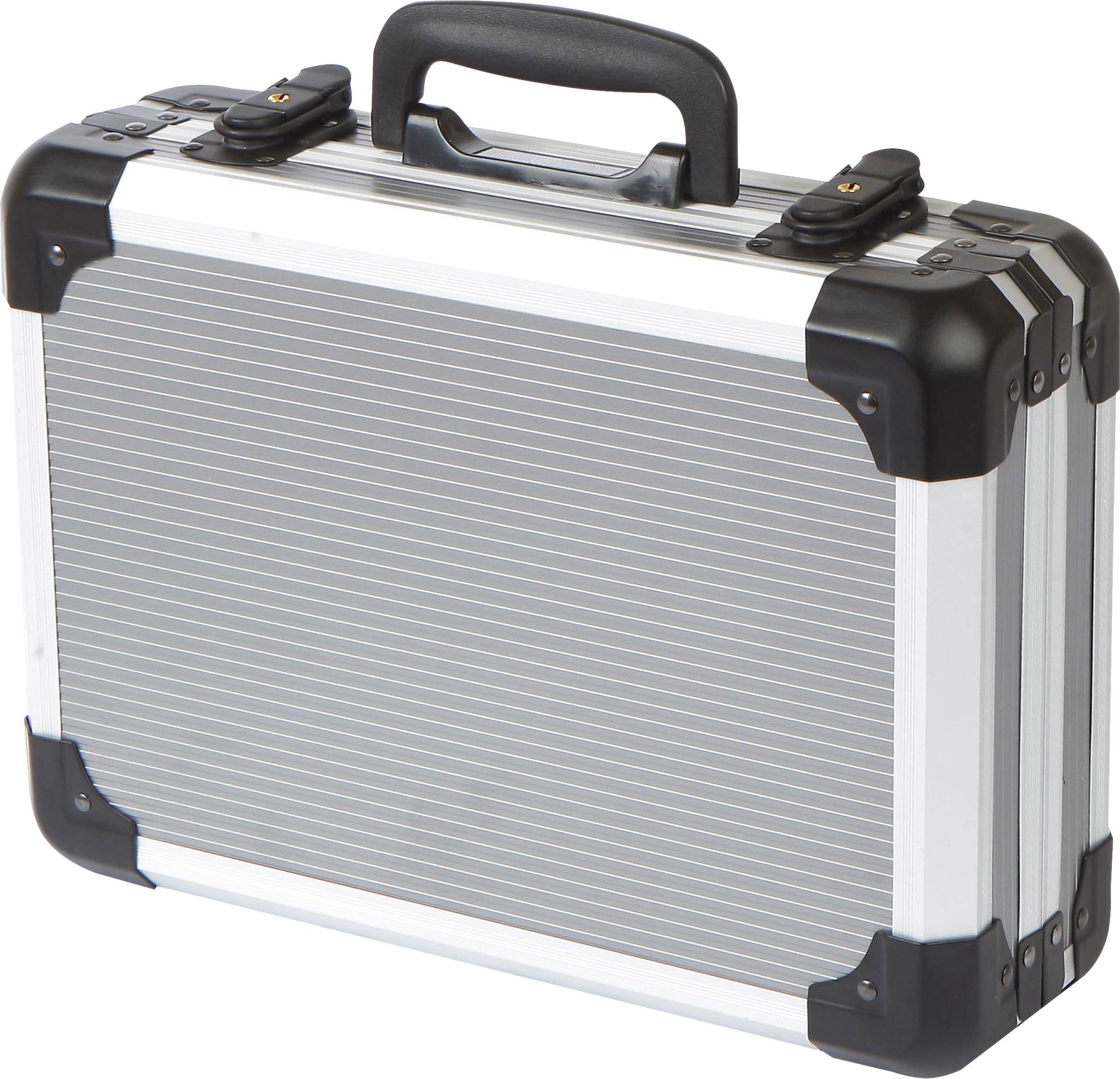 Une valise à main en argent et noir avec une poignée et des coins renforcés.