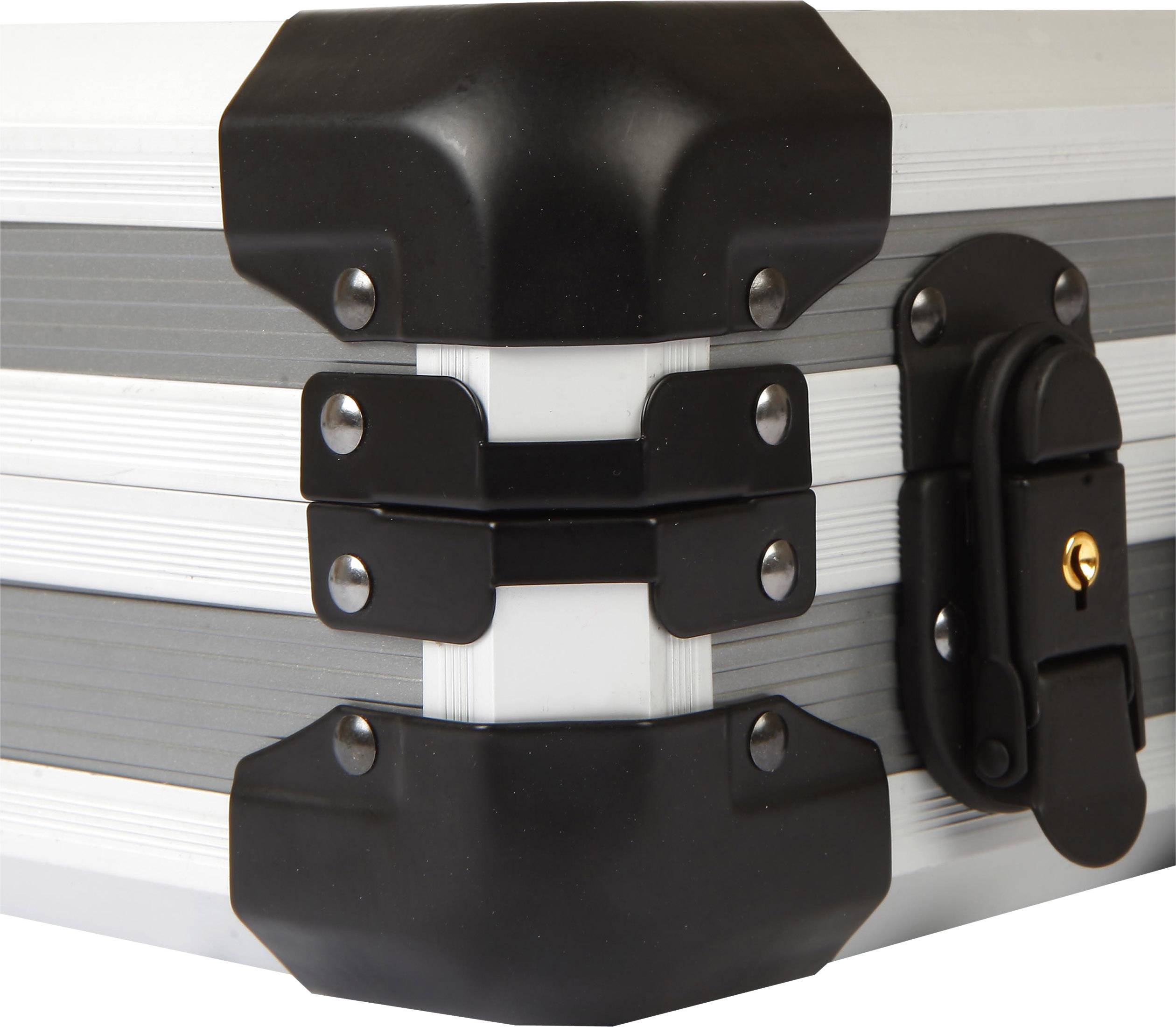 Valise argent et noir aux bords et fermetures robustes, adaptée au transport sécurisé d'objets fragiles.