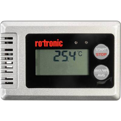Thermomètre numérique avec affichage indiquant 25,4°C. Deux touches à droite : 'START/STOP', 'MAX/MIN/MOY'. Boîtier argenté, écran noir.