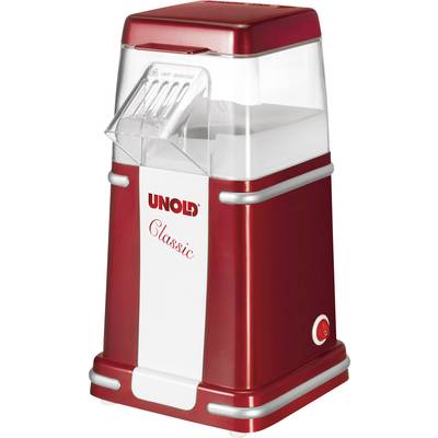 Machine à popcorn rouge 'Unold Classic' avec couvercle transparent et interrupteur sur l'avant, au design rétro.
