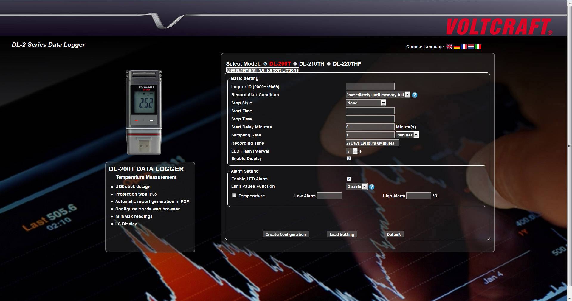 Image de fond avec le logo Voltcraft. À gauche : illustration du Data Logger DL-200T et ses spécifications. À droite : menu de sélection pour la configuration.