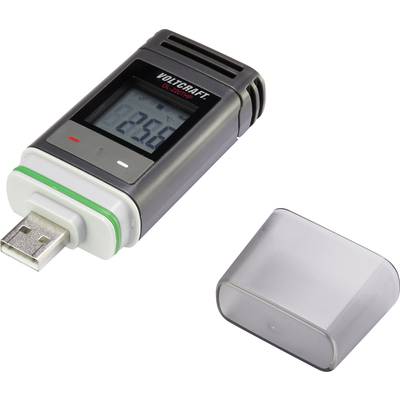 Un enregistreur de données de température USB avec écran affiche '22,5°C'. Le couvercle est posé à côté. L'appareil sert à l'enregistrement des données de température.