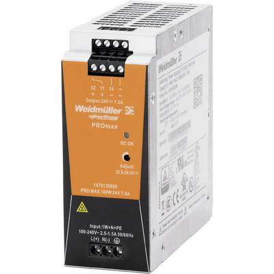 Un bloc d'alimentation Weidmüller PROmax argenté et orange avec affichage numérique et plusieurs connexions, délivrant 24V à 7,5A.