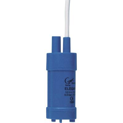 Une petite pompe à eau bleue avec câble, adaptée pour un fonctionnement en 12V, avec une pression maximale de 0,5 bar. Marquage CE présent, modèle 'ELEGANT'.