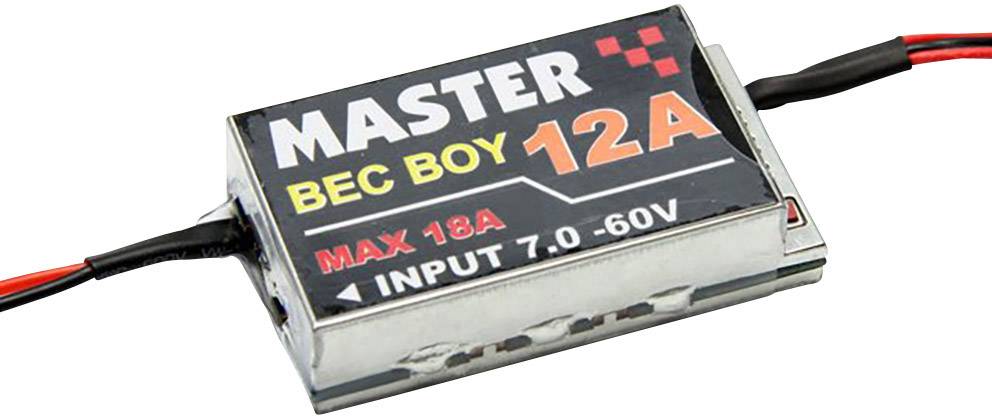 Un régulateur de tension électronique portant l'inscription 'MASTER BEC BOY 12A'. Intensité maximale de 18A et tension d'entrée de 7,0-60V.