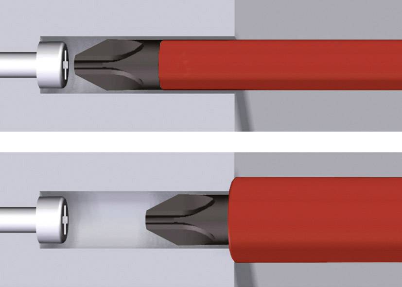 Une coupe transversale de deux embouts de tournevis dans leurs supports. En haut : l'embout pointe vers la gauche. En bas : l'embout est inséré dans un manchon rouge.