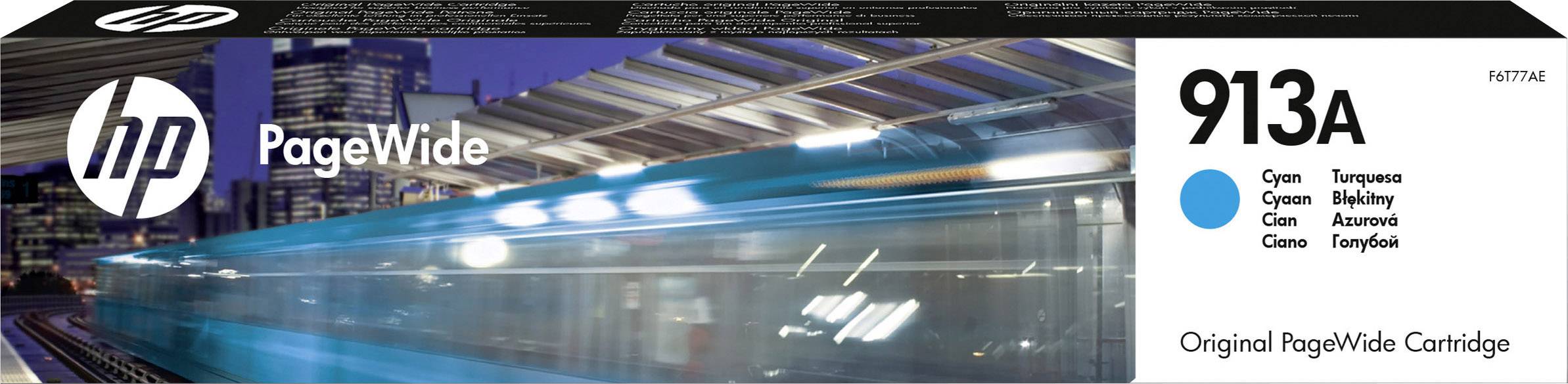 Emballage de cartouche d'encre 'HP PageWide 913A' avec une image floue d'un train en mouvement devant un paysage urbain en arrière-plan.