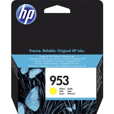 L'emballage présente une cartouche d'imprimante HP 953 en jaune. L'arrière-plan est noir avec des papillons bleus et le logo HP.