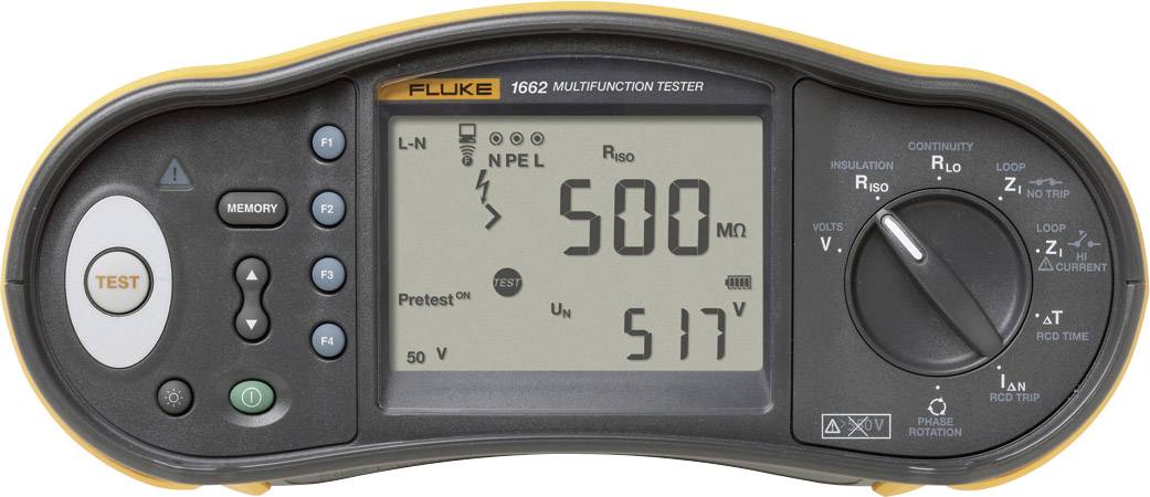 Appareil de test multifonction avec affichage numérique, indiquant une mesure de résistance de 500 MΩ. Boutons pour différentes fonctions visibles.