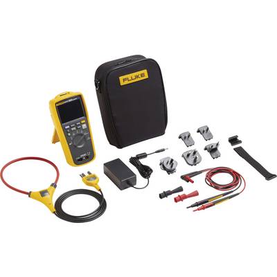 Un multimètre jaune avec accessoires : câbles, adaptateurs, pinces de mesure et un étui noir portant le logo 'Fluke'.