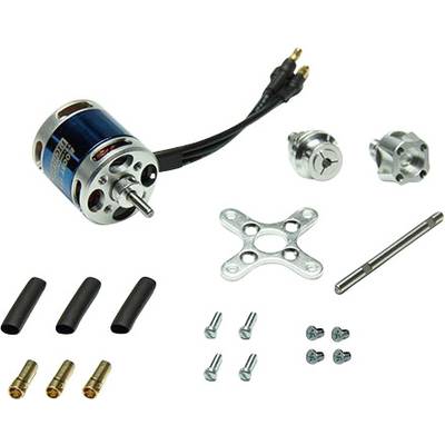 Un kit de moteur électrique comprenant différents composants : moteur, vis, entretoises, adaptateurs et connexions de câbles.