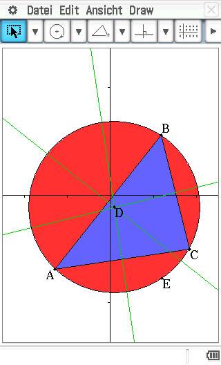 Diagramme de cercle avec un triangle bleu ABC à l'intérieur d'un cercle rouge. Des lignes passant par D relient les sommets et le centre.
