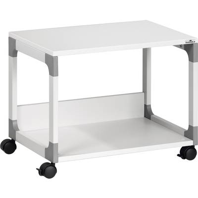 Une table d'imprimante compacte, blanche, sur roulettes avec des accents gris. Elle possède une surface supérieure pour le dépôt et une étagère inférieure pour le rangement.