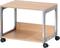 Table en bois avec cadre métallique sur roulettes, adaptée pour un usage bureautique ou domestique.