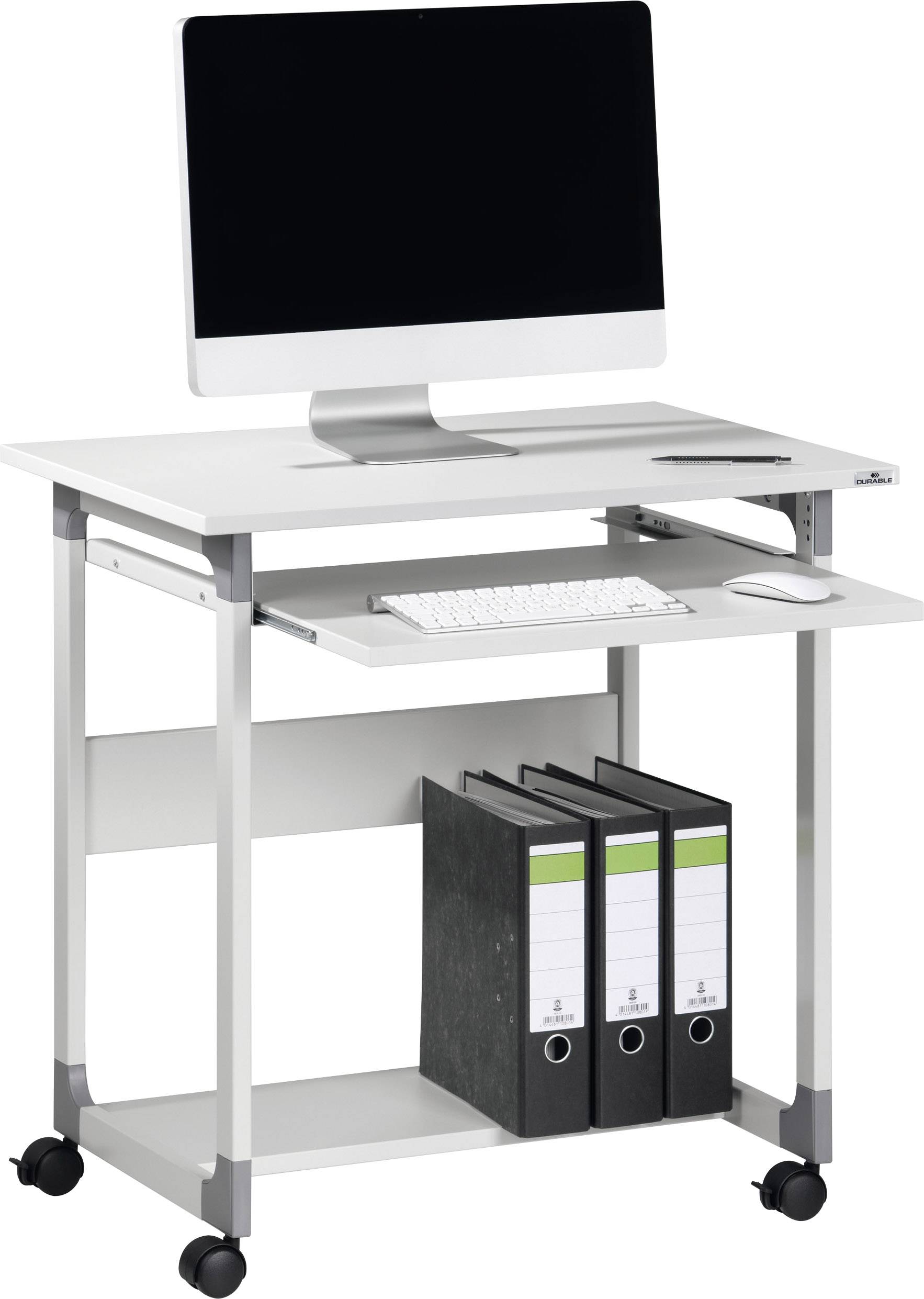 Petit bureau d'ordinateur blanc sur roulettes avec moniteur, clavier, souris et trois dossiers rangés sous le bureau.