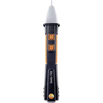 Testeur de tension électrique en noir et orange, modèle 'testo 745', avec deux boutons sur l'avant et un embout blanc.