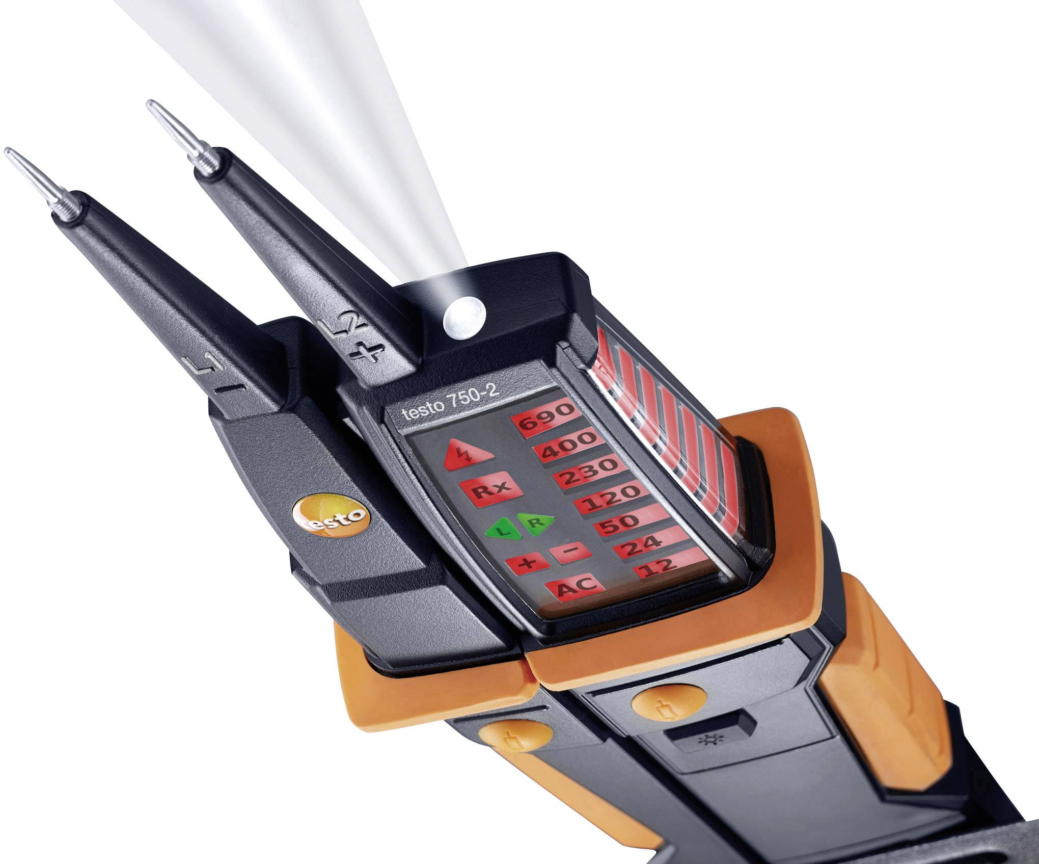 Testeur de tension avec indicateur LED, affiche les états de tension de 12V à 690V. Comprend deux pointes de test et une fonction lampe de poche.