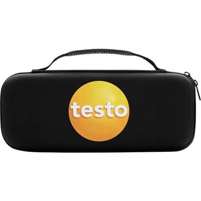 Étui noir avec un cercle jaune et le texte blanc 'testo' au centre, fermeture éclair et poignée en haut.
